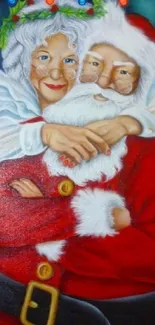 Santa and Mrs. Claus embracing with festive lights in a warm holiday scene.