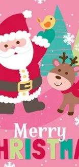 Santa and reindeer on a pink background with snowflakes for Christmas wallpaper.