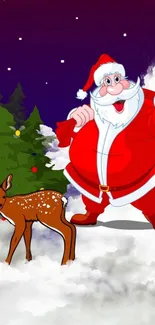 Cartoon Santa with gift and reindeer in snowy landscape.