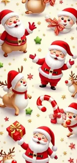 Cheerful Santa and reindeer with gifts, stars, and festive decorations.