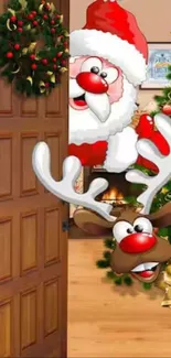 Cartoon Santa and reindeer near Christmas tree peeking from door.