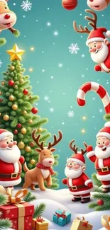 Christmas scene with Santa, reindeer, and gifts on a snowy background.