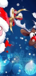 Festive mobile wallpaper with Santa and reindeer on a blue snowy background.