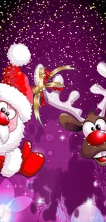 Festive wallpaper with Santa and reindeer on a purple background.