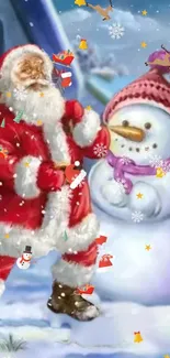 Santa Claus and snowman in festive holiday scene with snowflakes.