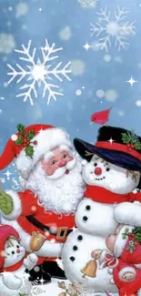 Santa and snowman with festive holiday background.