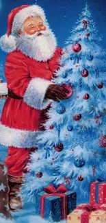 Santa decorates a tree with gifts below under a starlit night sky.