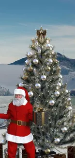 Santa Claus with gifts by a Christmas tree in a snowy landscape.