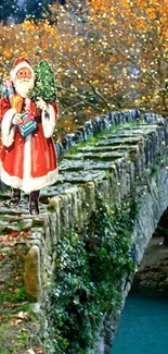 Santa Claus on a stone bridge with autumn foliage and festive lights.