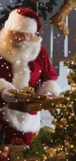 Santa Claus placing gifts beside a decorated Christmas tree.