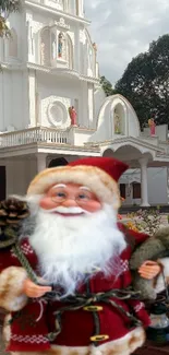 Santa Claus figurine in front of a white church, festive mobile wallpaper.