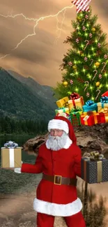 Santa holds gifts by a Christmas tree with mountains in the background.