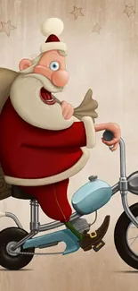 Cartoon Santa Claus riding a bike with a beige festive background.