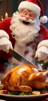 Santa Claus carving a golden turkey for Christmas dinner.