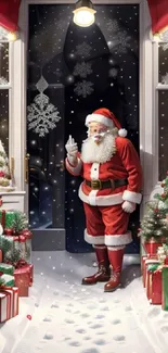 Santa Claus stands amid gifts and snow in a festive Christmas scene.