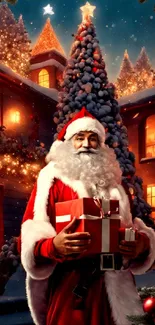 Santa Claus holding gifts in festive Christmas setting.