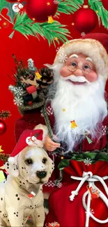 Santa and dog in a festive Christmas scene with decorations.