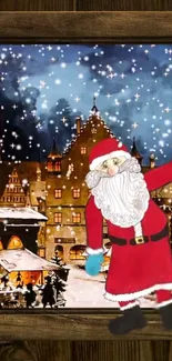 Santa in a festive snowy town scene, perfect for Christmas wallpaper.