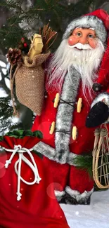 Santa Claus with sack and festive red outfit in snowy background.