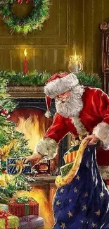 Santa Claus places gifts by a Christmas tree in front of a cozy fireplace.