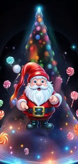 Festive Santa cartoon with candy and Christmas tree.