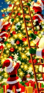 Santa and elves decorating a Christmas tree with gifts underneath.