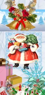 Christmas wallpaper with Santa, gifts, and festive decorations.