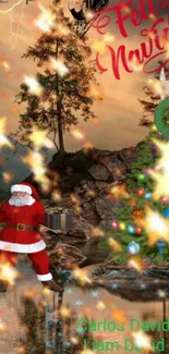 Santa delivering gifts in a scenic Christmas landscape with decorations.