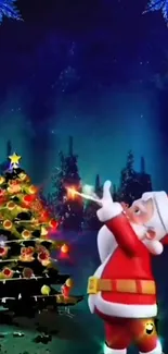 Santa with Christmas tree in festive night scene.