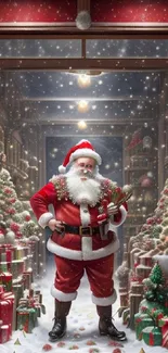 Santa standing in a festive scene with gifts and Christmas trees.