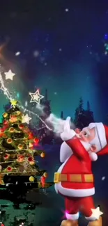 Santa Claus decorates a Christmas tree under a starry night sky.