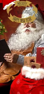 Santa reading with Christmas gifts and tree in festive wallpaper.