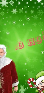 Festive Santa and elf Christmas wallpaper with green snowflake background.