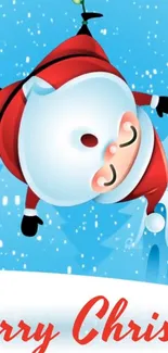 Santa Claus hanging joyfully in a festive Christmas wallpaper with snowy accents.