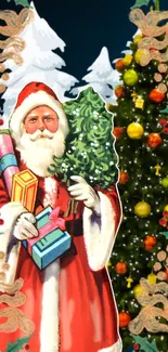 Santa with gifts and Christmas tree in festive holiday setting.