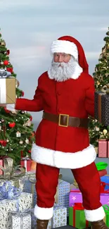 Santa Claus with gifts amidst decorated Christmas trees.