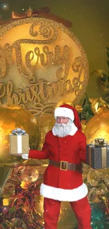 Santa Claus with gifts in a golden festive Christmas scene.