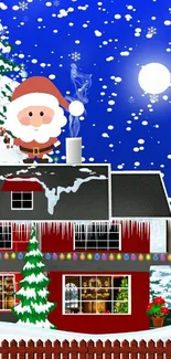 Festive Christmas wallpaper with Santa and snowy rooftop.