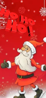 Santa Claus illustration with red background and snowflakes.