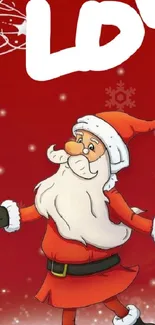 Illustrated Santa on red Christmas background with snowflakes.