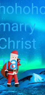 Santa Claus with aurora in winter background.