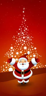 Santa Claus with glowing Christmas tree on red background.