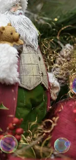 Santa Claus with teddy bear amidst holiday decorations.