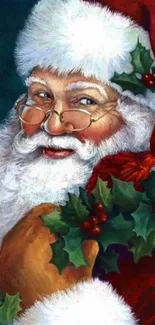Santa Claus with holly and festive colors on mobile wallpaper.