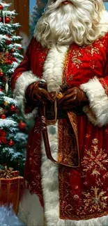 Santa Claus in red robe by Christmas tree.