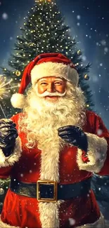 Santa Claus with sparkler and Christmas tree wallpaper.