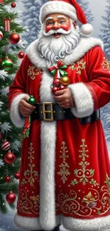 Santa Claus in festive attire near decorated Christmas tree.