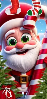 Santa Claus with candy cane in festive setting.