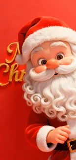 Festive Santa Claus with Christmas theme in red backdrop.