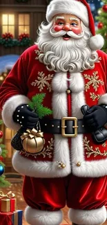 Santa Claus in a festive Christmas setting with trees and gifts.